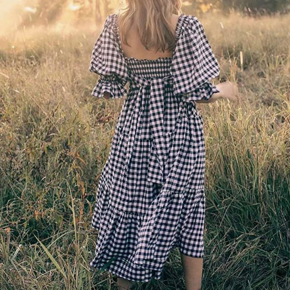 R.Vivimos Women's Cotton Plaid Puff Sleeves Bow Off-Shoulder Midi Dress